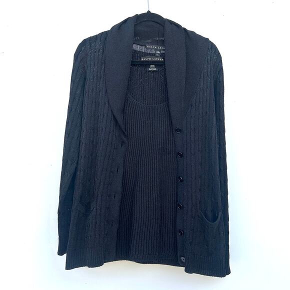 Ralph Lauren Shawl Collar Shell Set Tank Cardigan Sweater Medium Black Cotton - Picture 2 of 9